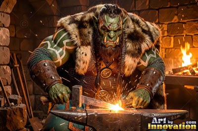 Leaning over an anvil in a stone forge, a green orc man hammers hot iron