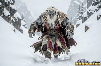 A gray-skinned orc man in fur armor marches through deep snow in a canyon