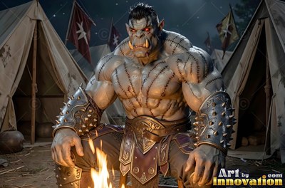 In a night camp, a scarred orc man with tusks crouches before a warm fire