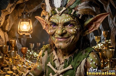 Grinning beside piles of gold, a feathered goblin man crouches by a lit lantern