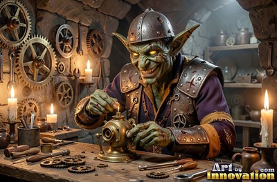 A grinning goblin man in a metal helmet tinkers with gears