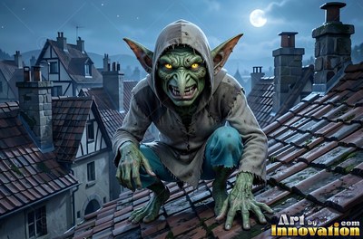 Wearing a gray hood, a goblin man crouches on a tiled roof under the moon