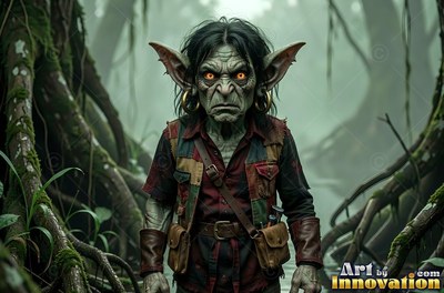 A green goblin man stands in a dark swamp with amber eyes and gold hoop earrings