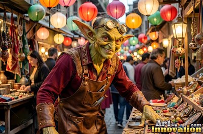Leaning over a market stall, a smiling goblin man in goggles sells trinkets