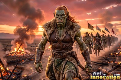 An orc man in fur armor leads his army across a burning field under an orange sunset