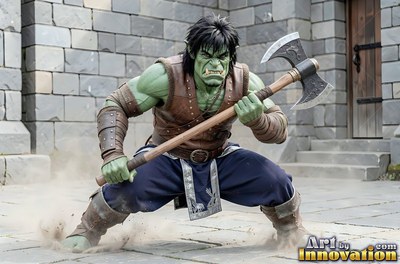 In a stone courtyard, a muscular green orc man crouches with a heavy battleaxe