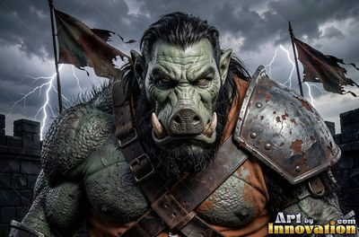 Glaring under lightning, an orc man in rusted armor stands on a stone wall