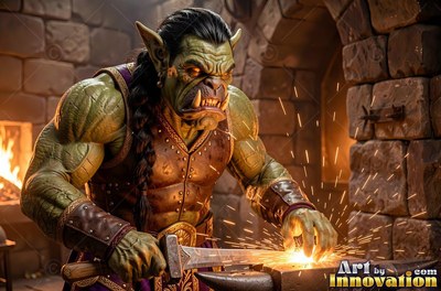 Orc man forging a sword on an anvil with flying sparks