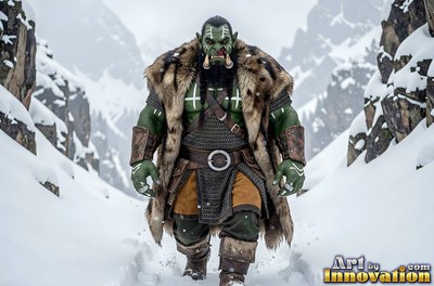 Wearing a thick fur coat, a green orc man walks through deep snow in a cold mountain pass