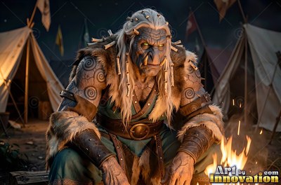 An orc man sits beside a campfire with warm orange firelight on his gray arms
