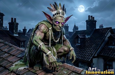 Crouching on a dark rooftop at night, a goblin man with green skin wears feathers in his hair