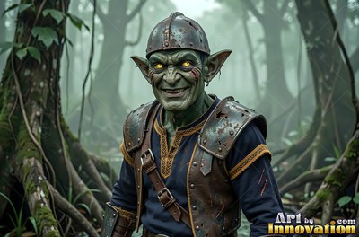 A goblin man with green skin and an iron helmet grins in a misty forest