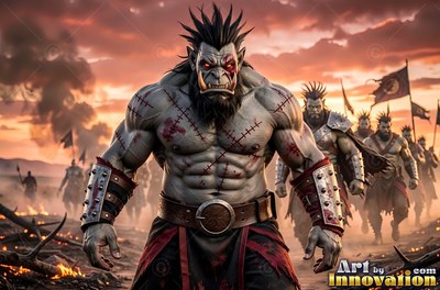 On a smoky battlefield, a scarred orc warlord man leads an army under a red sunset sky