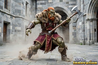 Holding a double-bladed axe, a red-haired orc man crouches in a stone courtyard