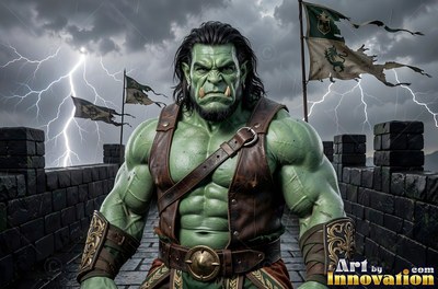 Muscular green orc man standing on a stone wall in lightning