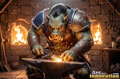 Wearing metal spaulders, a green orc man hammers hot metal at an anvil near stone forge fires