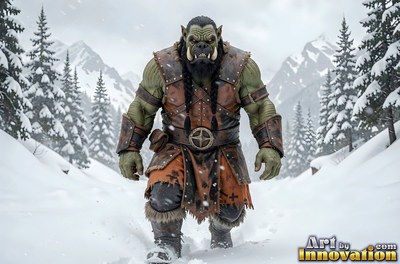 An orc man with green skin walks through snowy hills under pale white sky light