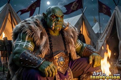 Seated green orc man rests in a camp by a fire under tents