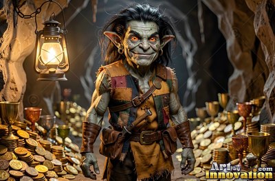 A grinning goblin man stands in a dark cave near piles of gold coins