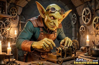 In a stone workshop, a goblin man with brass goggles works on small gears