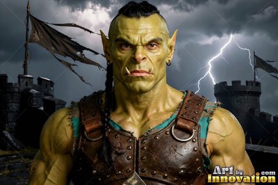 Standing before a stormy castle, an orc man wears studded leather armor under lightning