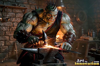 Muscular orc man hammering hot steel on an anvil in a forge workshop