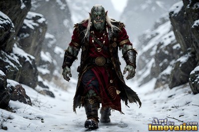 Wearing a torn red tunic, a tusked orc man walks along a snowy path between rocky cliffs