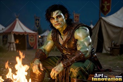 A green-skinned orc man sits near a campfire, lit by orange flames against the dark night
