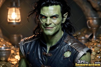 Facing forward in a treasure cave, a green goblin man smiles by a lantern