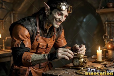 A grinning goblin man in a leather apron repairs a small brass clock by candlelight