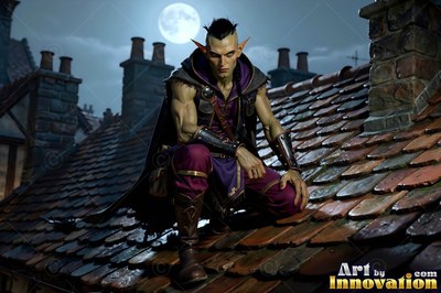 On a tiled roof beneath the full moon, a goblin man crouches in purple clothes