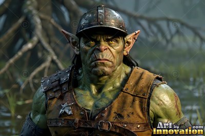 Glaring forward in a swamp, a goblin man with green skin wears an iron helmet and leather vest