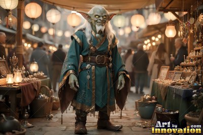Goblin man grinning in a blue robe at a lantern market