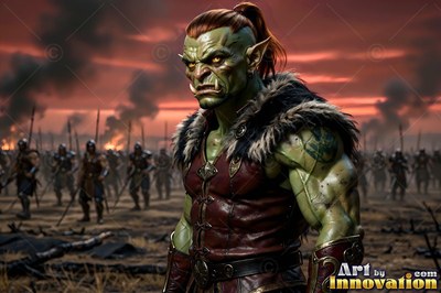 Red leather armor on a green orc man standing on a smoky battlefield before marching troops