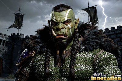 A green orc man stands on a castle wall under lightning in a dark gray sky