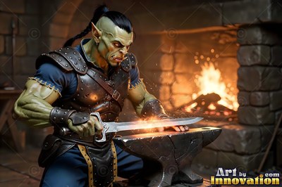 Leaning forward in a stone forge, a muscular green orc man works a sword on an anvil