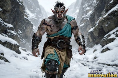 A muscular orc man with tusks walks through a snowy mountain pass