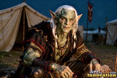 In an outdoor camp, a green goblin man with white hair crouches before tents