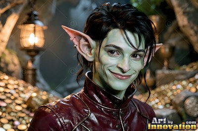 Smiling in front of gold coins, a goblin man wears a leather coat