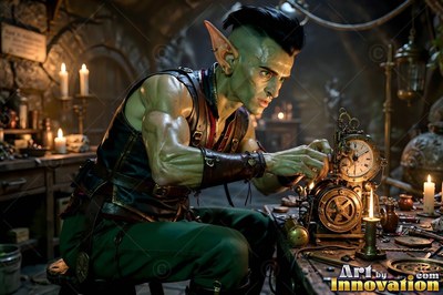 A goblin man tinkering with a small brass clock by candlelight