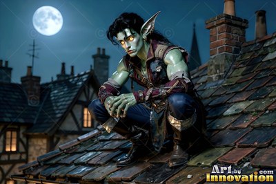 Pointed ears frame the face of a green-skinned goblin man crouching on a tiled rooftop under a full moon