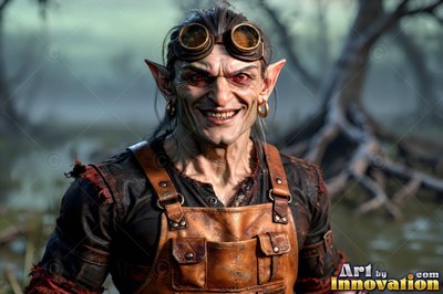 A grinning goblin man wears brass goggles in a swamp under pale daylight