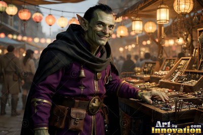 Smiling at a night market stall, a green goblin man in purple reaches for trinkets