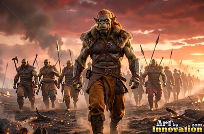 A tusked orc man in fur leads an army of armed men under an orange sunset