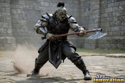 In a stone courtyard, a muscular green orc man wields an axe in the dust