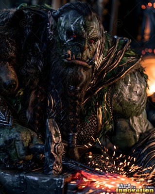 Forging hot metal, a green orc man with tusks hammers at an anvil as sparks fly