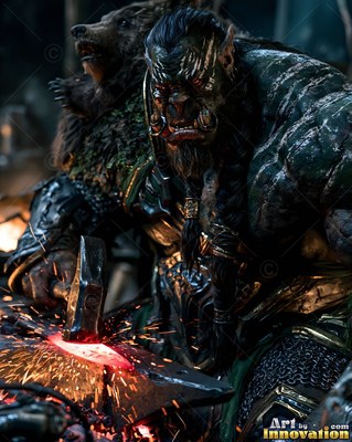 An orc man hammers hot metal at an anvil in a dark forge