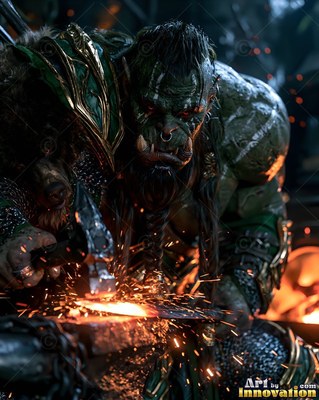 With a gold nose ring, an orc man with green skin hammers hot iron at an anvil in a dark, fiery forge