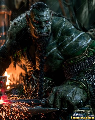 A muscular orc man hammers hot metal at an anvil, lit by orange firelight