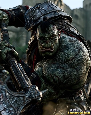 Crouching in a stone fortress, an orc man grips his heavy battle axe